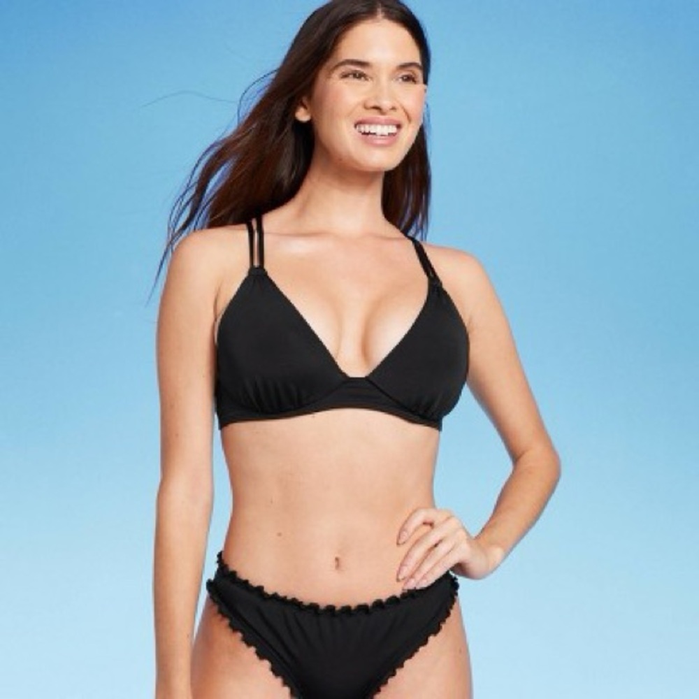 Shade & Shore Black Triangle Push-Up Tunneled Strap Bikini Top NWT